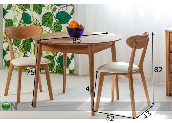 Tammi ruokapöytä Scan Ø85 cm+ 2 tuolia Irma mitat