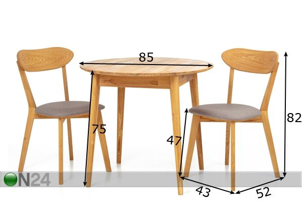 Tammi ruokapöytä Scan Ø85 cm+ 2 tuolia Irma harmaa mitat