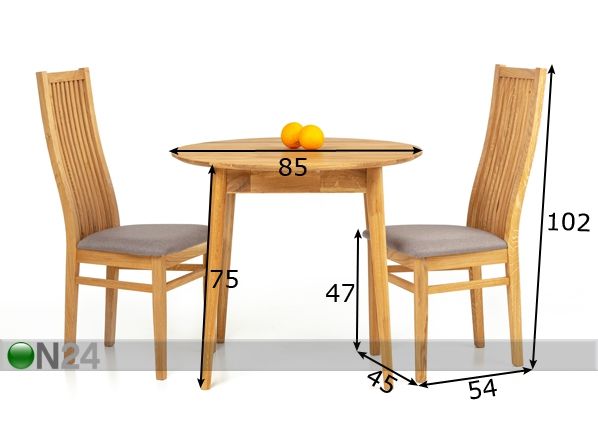 Tammi ruokapöytä Scan Ø85 cm+ 2 tuolia Sandra harmaa mitat