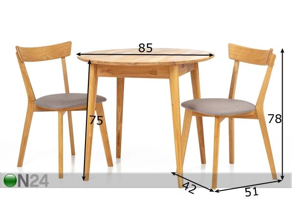 Tammi ruokapöytä Scan Ø85 cm+ 2 tuolia Viola harmaa mitat