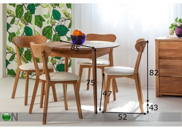 Tammi ruokapöytä Scan Ø85 cm+ 4 tuolia Irma mitat
