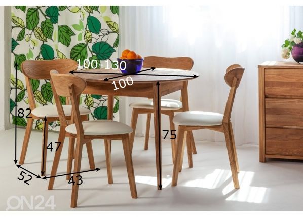 Tammi ruokapöytä Scan 100x100/130 cm+ 4 tuolia Irma mitat
