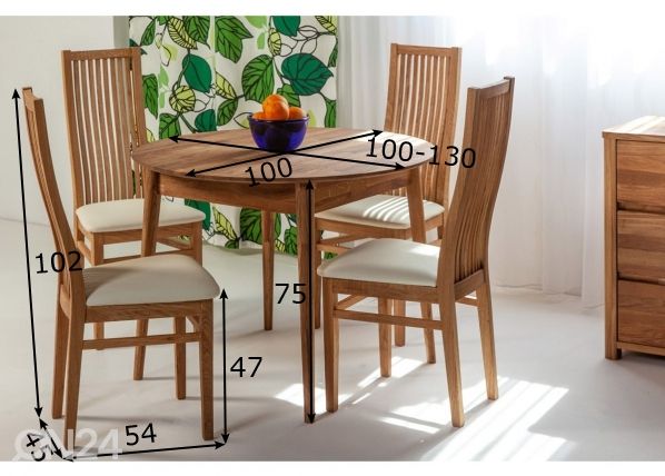 Tammi ruokapöytä Scan 100x100/130 cm+ 4 tuolia Sandra mitat