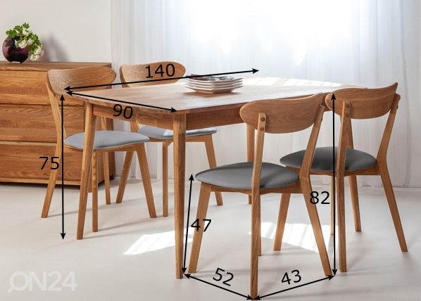 Tammi ruokapöytä Scan 140x90 cm + 4 tuolia Irma mitat