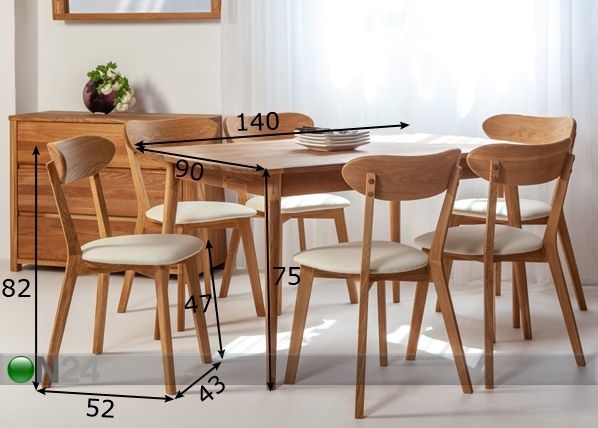 Tammi ruokapöytä SCAN 140x90 cm+ 6 tuolia IRMA mitat