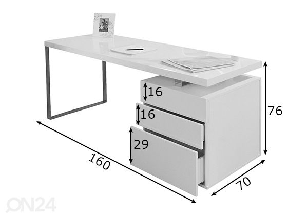 Työpöytä 70x160 cm, korkeakiilto valkoinen mitat