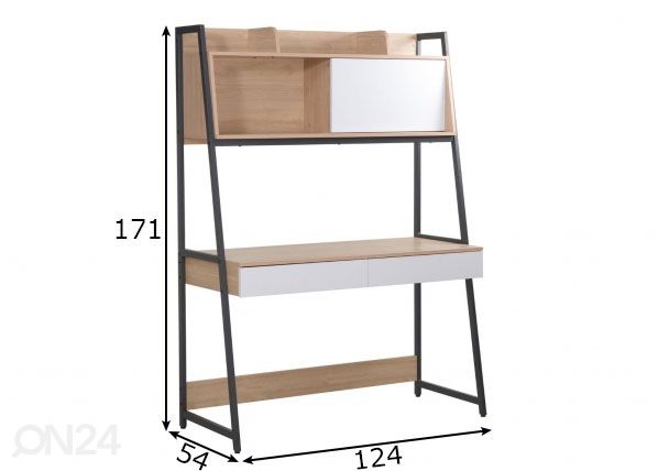 Työpöytä Study hyllyllä 124x54xH171 cm, tammi/ valkoinen mitat