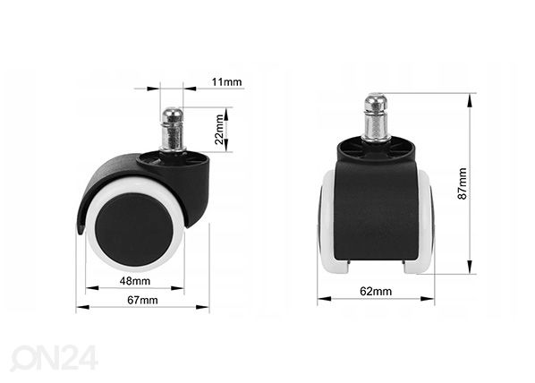 Työtuolin pyörät Ø 50 mm, 5 kpl mitat