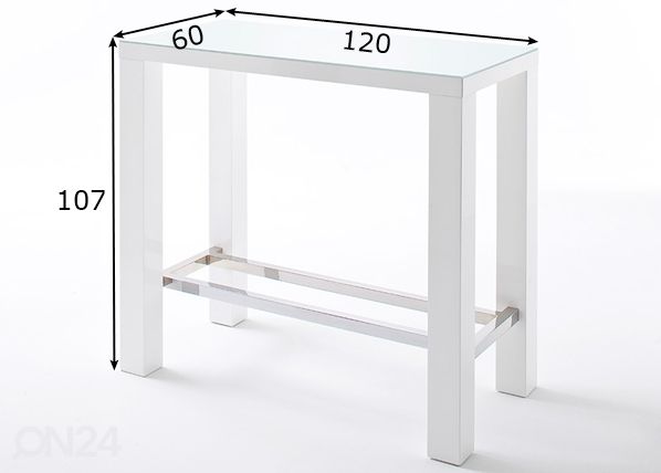 Valkoinen baaripöytä Jam 120 cm, lasipinta mitat