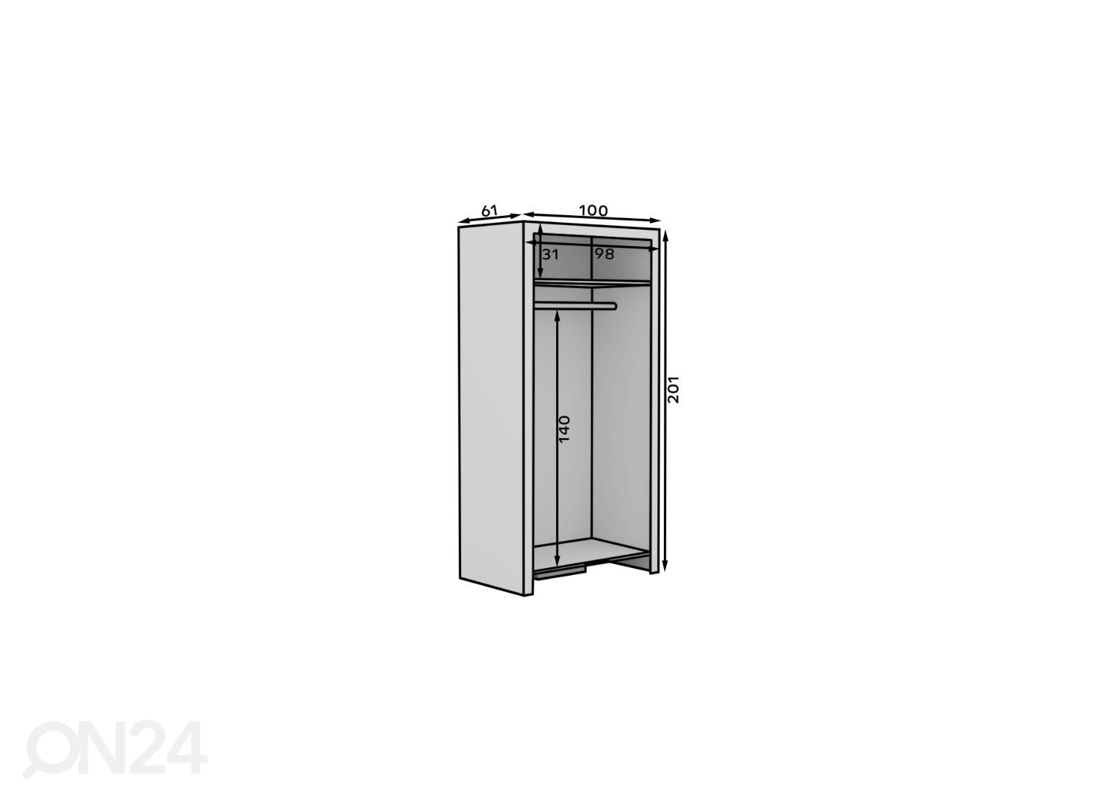 2-ovinen vaatekaappi Cely 100 cm kuvasuurennos mitat