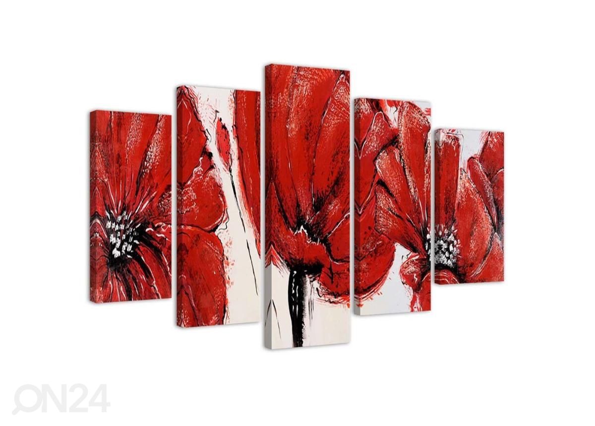 5-osainen sisustustaulu Red Flowers 100x70 cm kuvasuurennos
