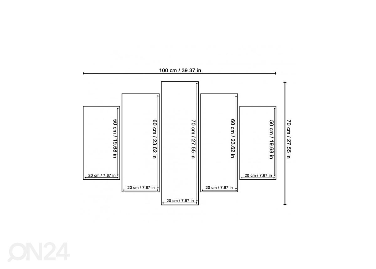 5-osainen sisustustaulu Sunset 100x70 cm kuvasuurennos mitat