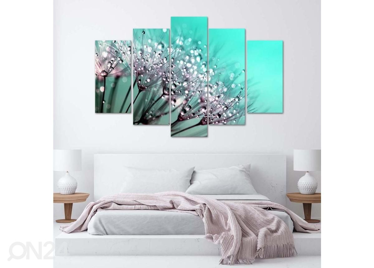 5-osainen sisustustaulu Turquoise Dandelions 100x70 cm kuvasuurennos