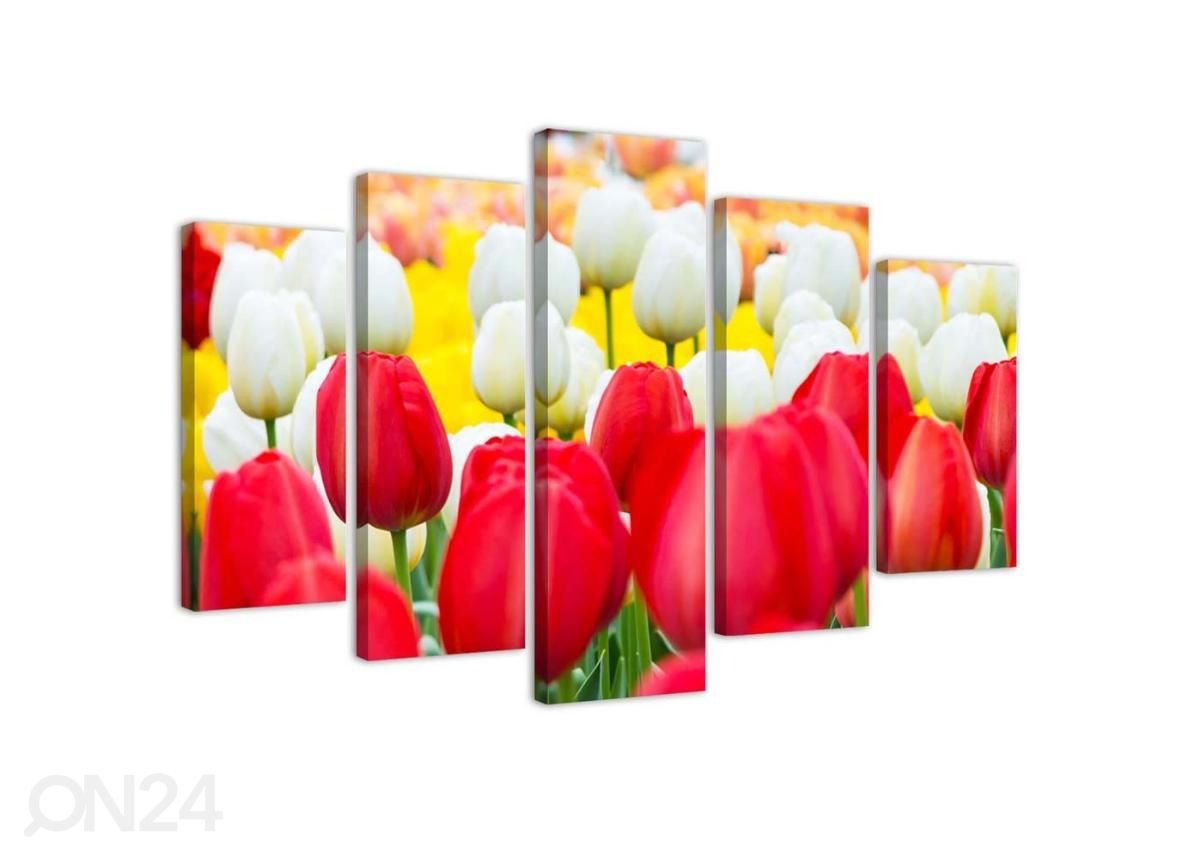 5-osainen sisustustaulu White and Red Tulips 100x70 cm kuvasuurennos