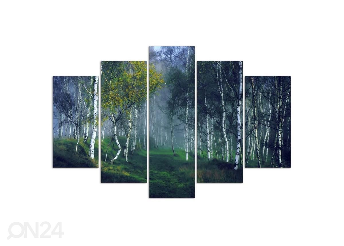 5-osainen taulu Birch trees in the fog 100x70 cm kuvasuurennos