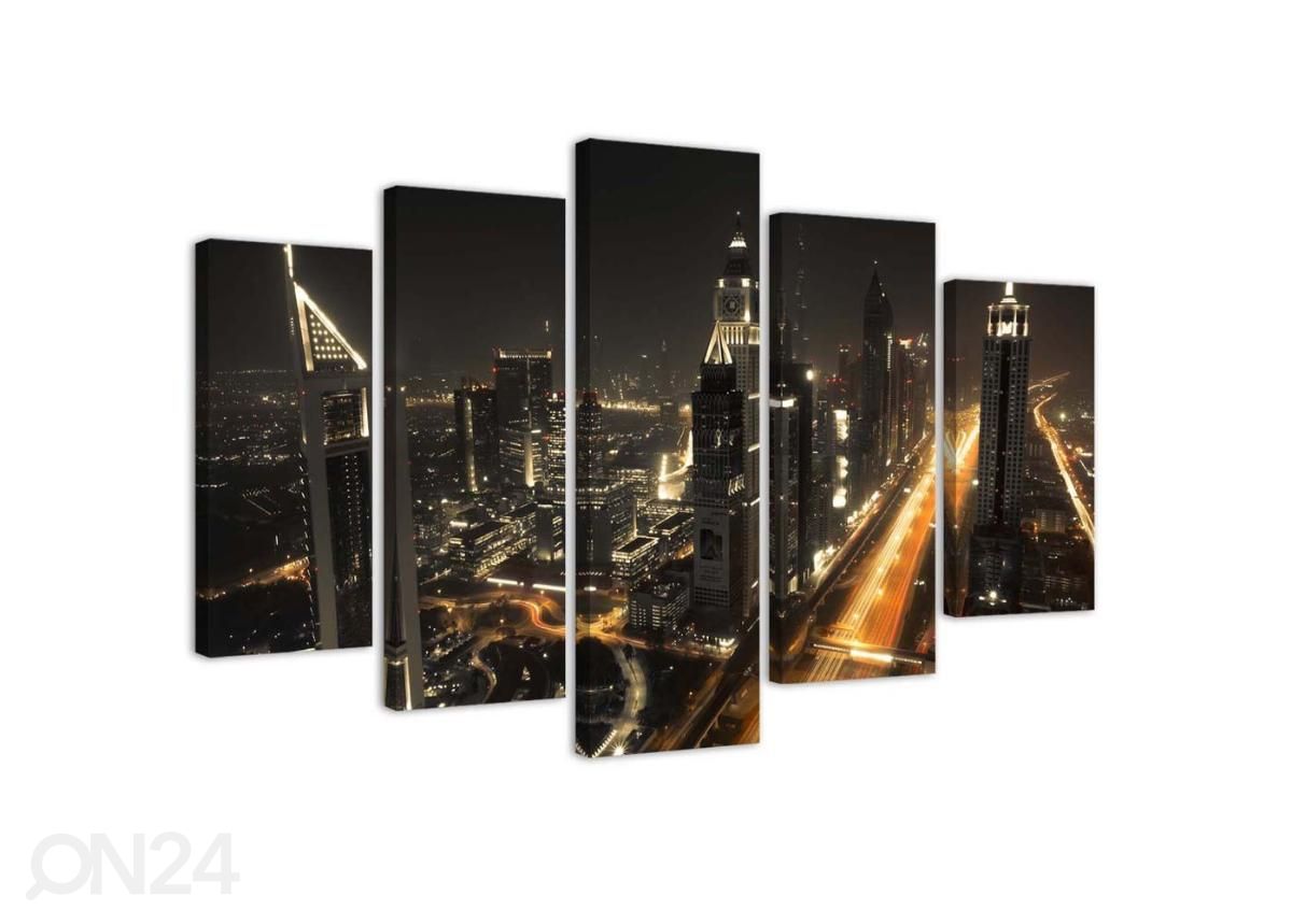 5-osainen taulu Dubai Panorama at Night 100x70 cm kuvasuurennos