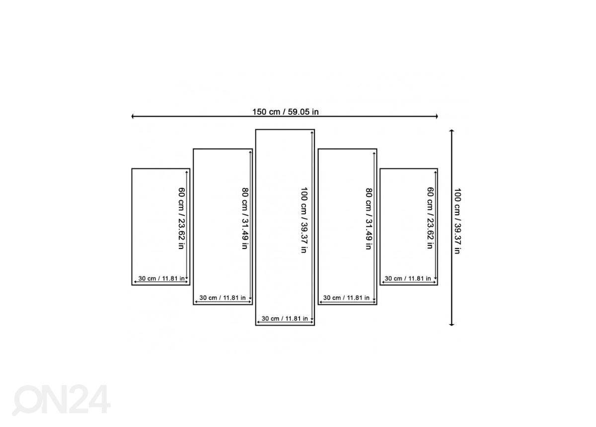 5-osainen taulu Kiss 150x100 cm kuvasuurennos mitat