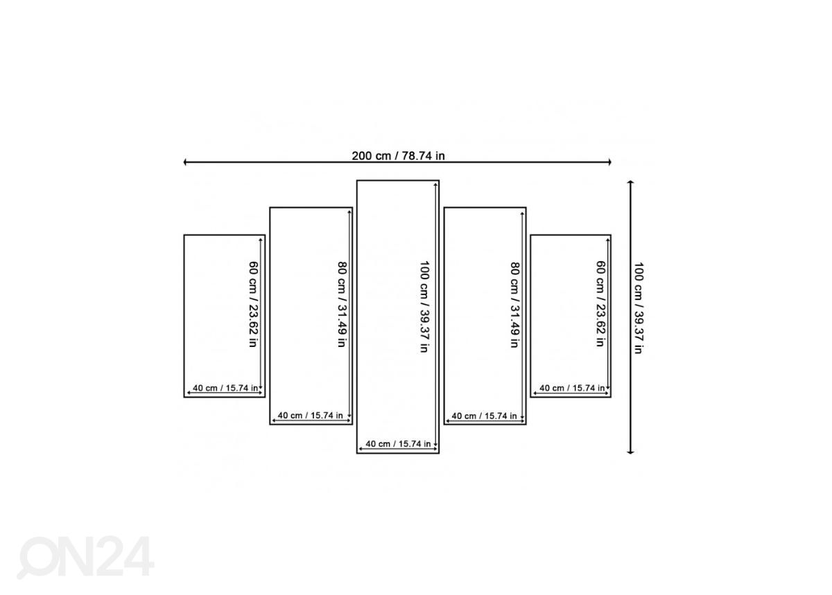 5-osainen taulu Kiss 200x100 cm kuvasuurennos mitat