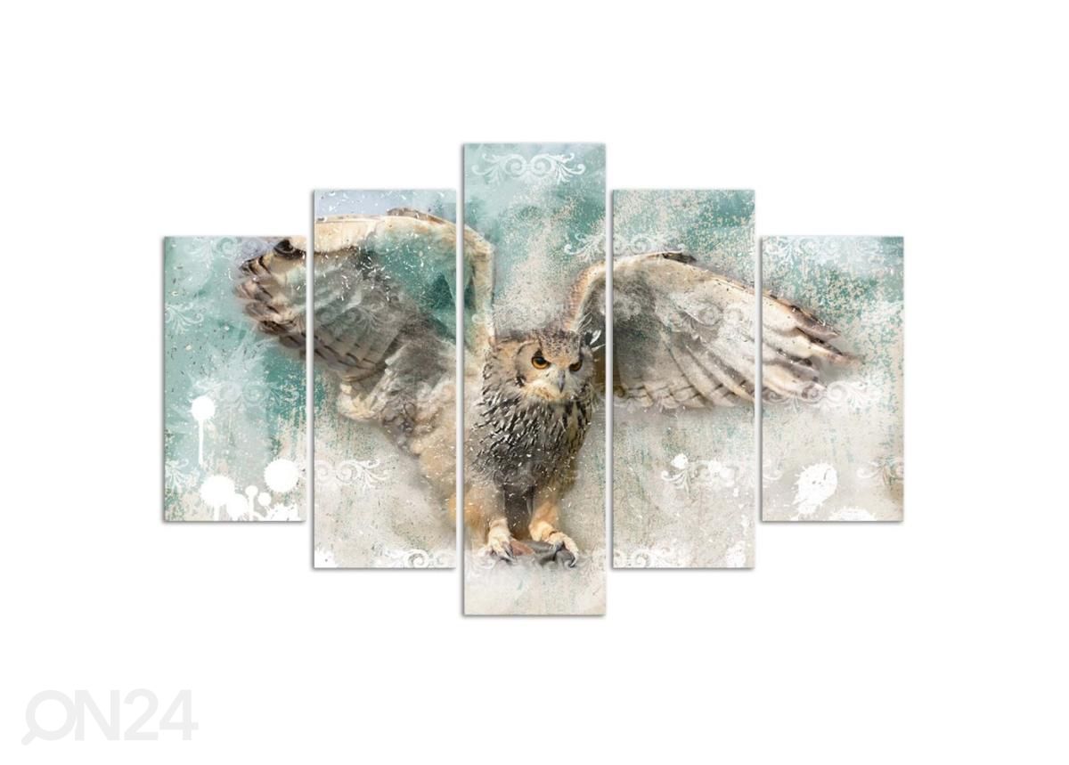 5-osainen taulu Owl in Flight 100x70 cm kuvasuurennos