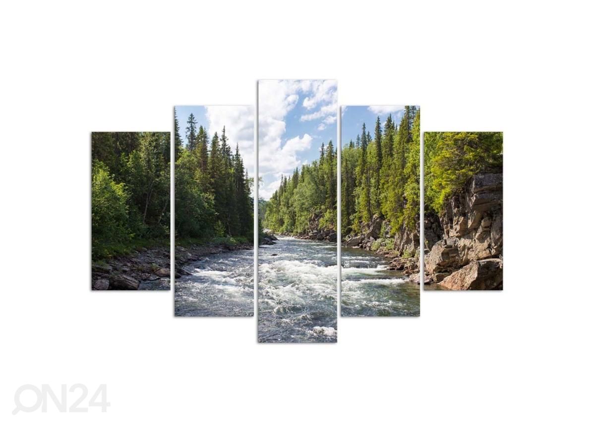 5-osainen taulu Vinyl river in the forest 150x100 cm kuvasuurennos