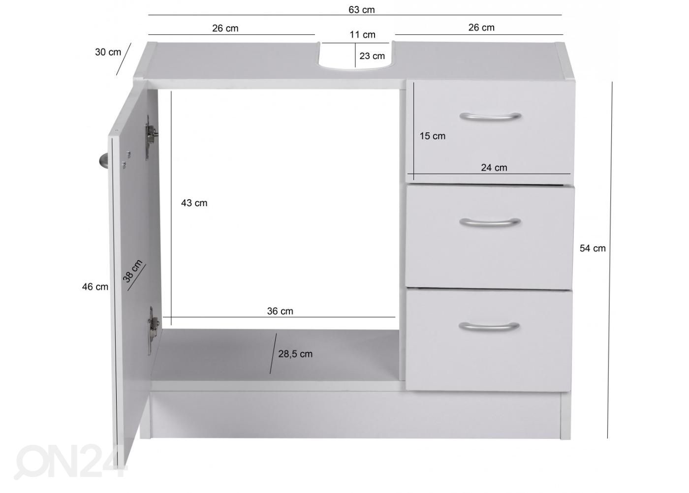 Allaskaappi 63 cm, valkoinen kuvasuurennos mitat