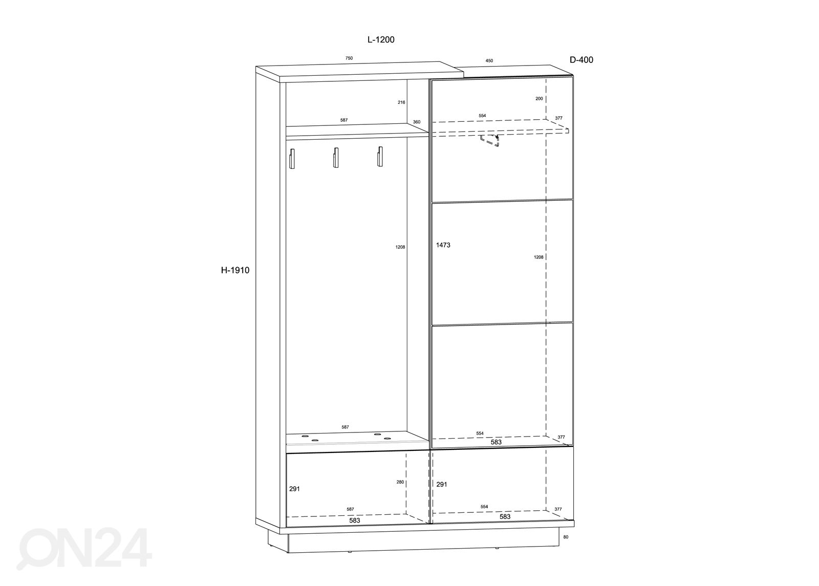 Eteiskaluste Goleen 120 cm kuvasuurennos mitat