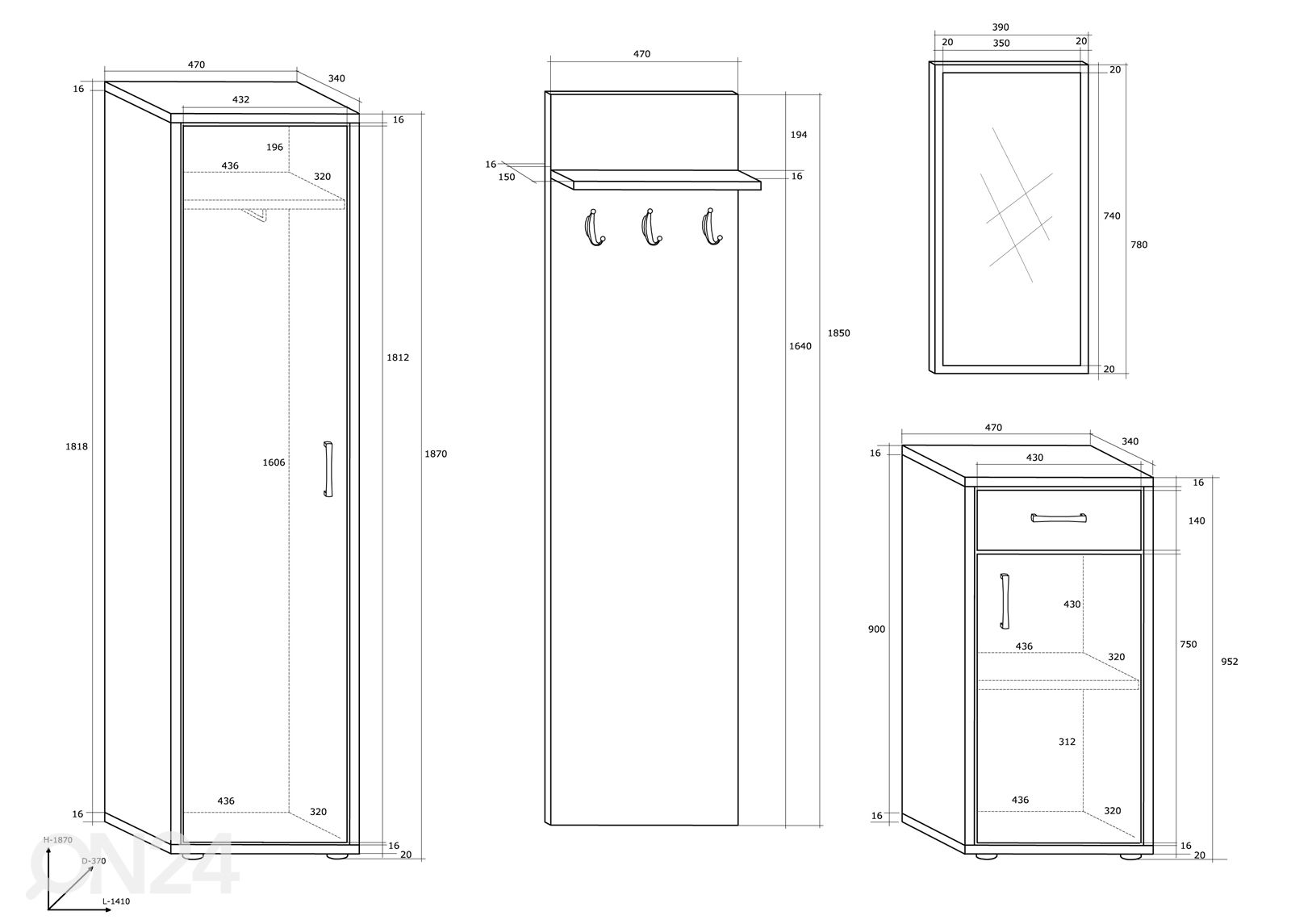 Eteiskalusteet 141 cm kuvasuurennos mitat