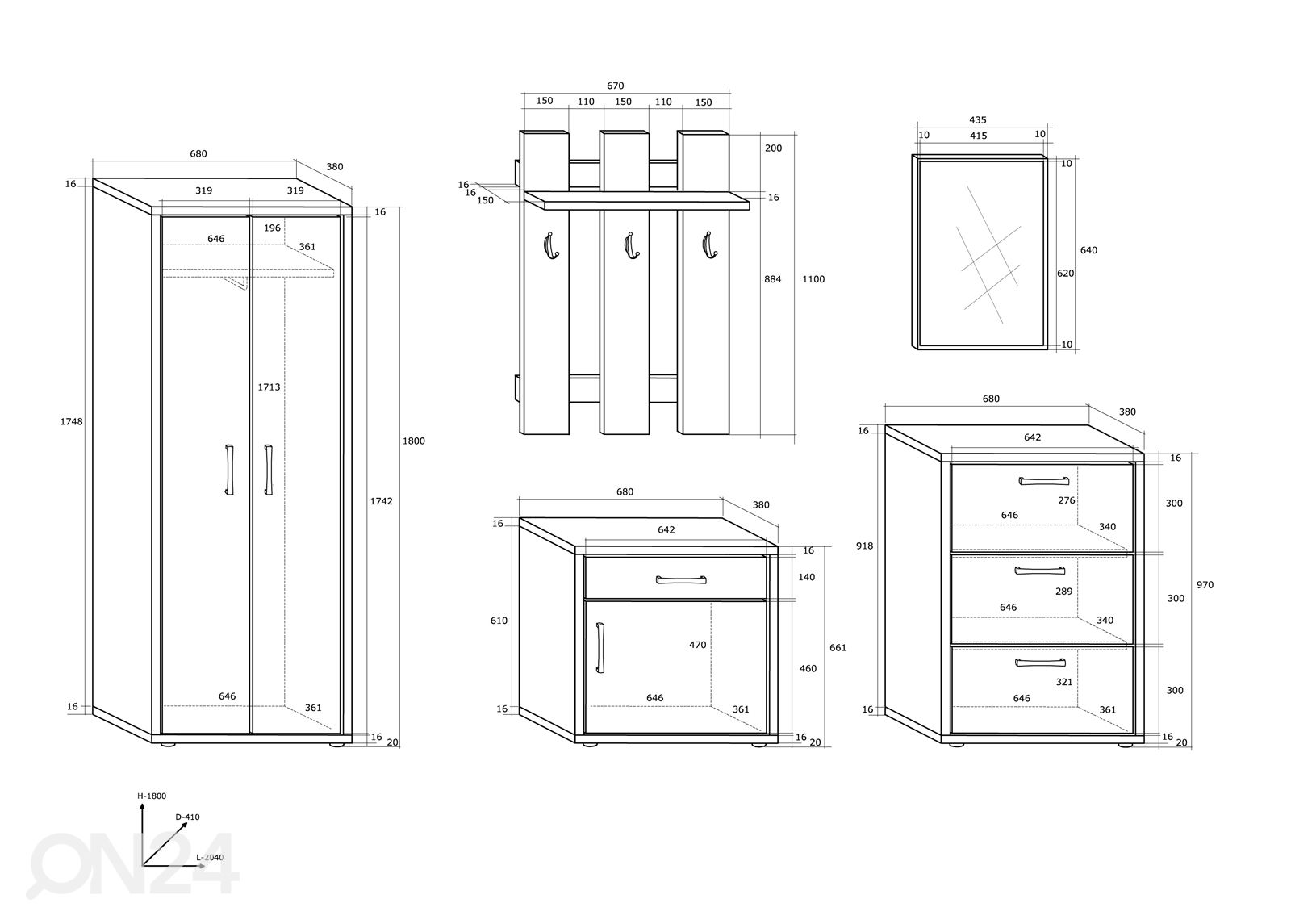 Eteiskalusteet Drimo III 204 cm kuvasuurennos mitat