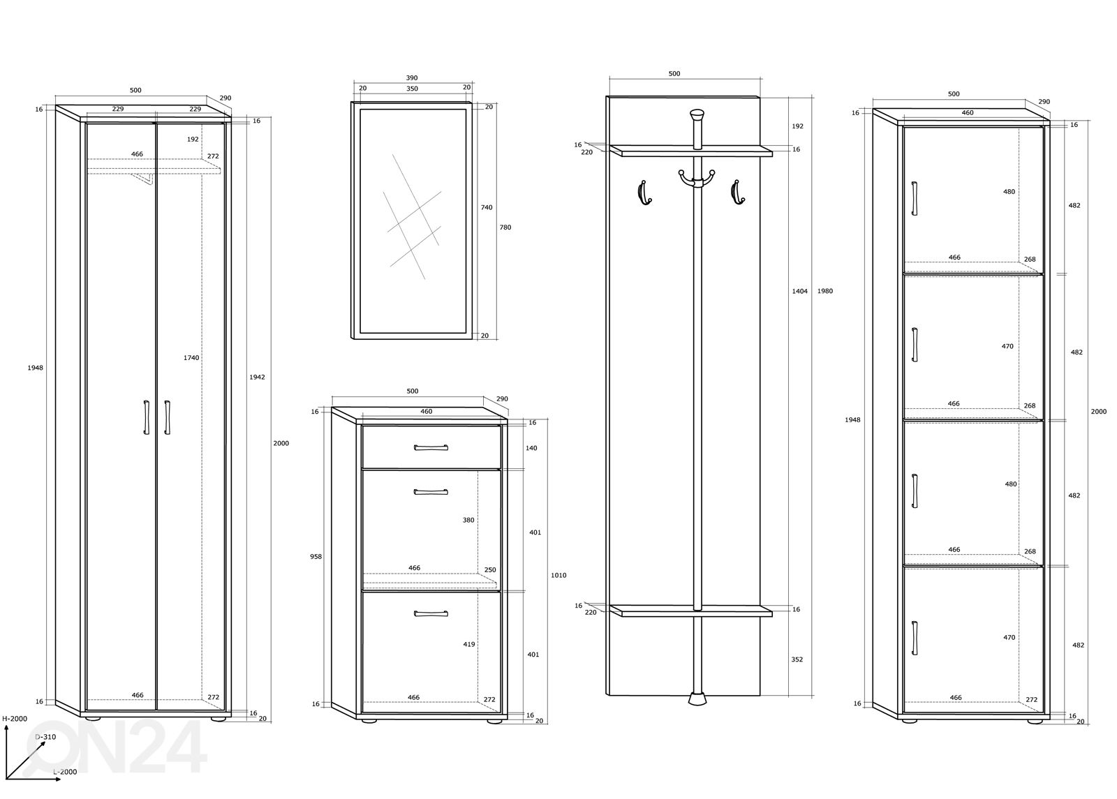 Eteiskalusteet Drimo V 200 cm kuvasuurennos mitat