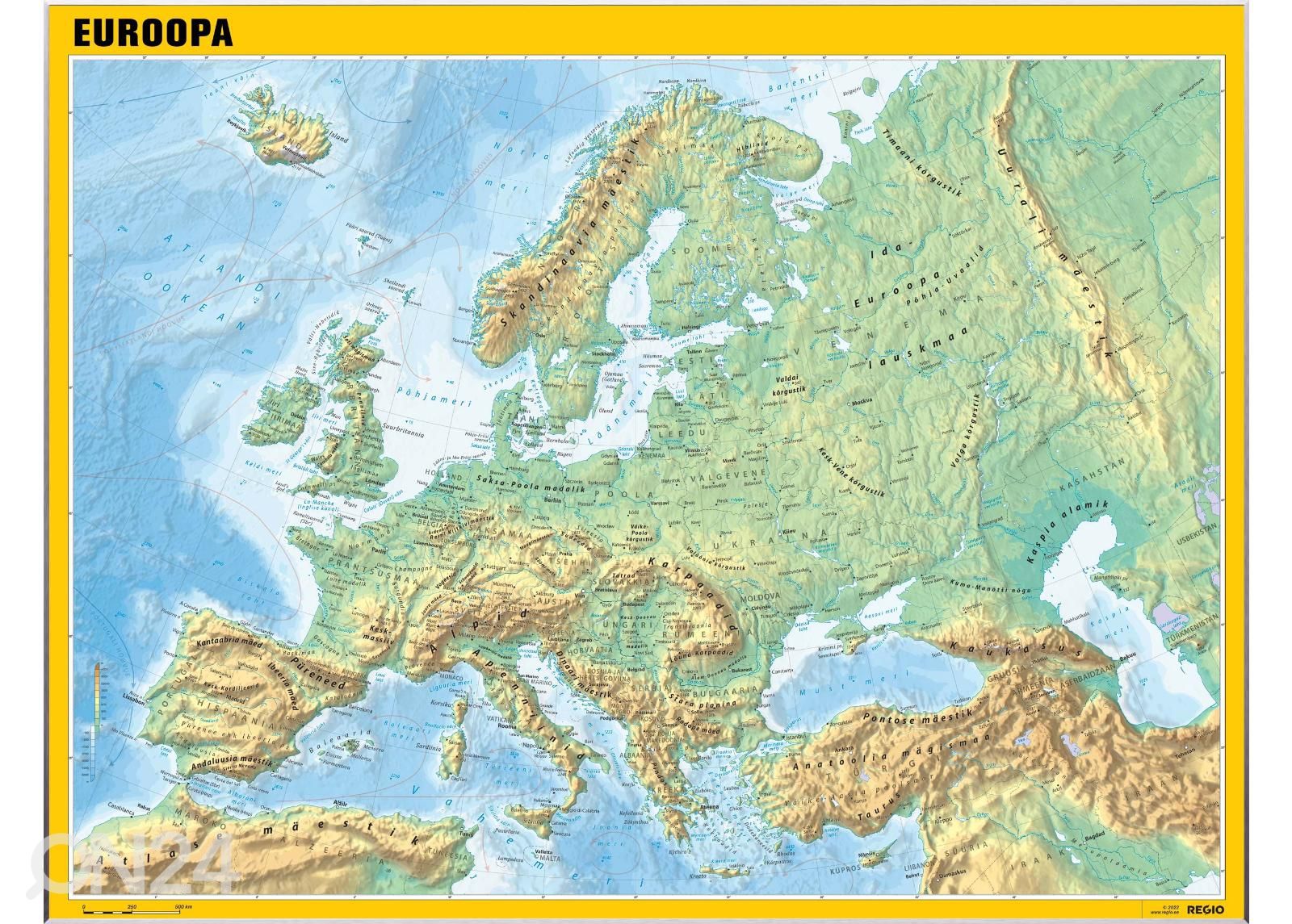 Euroopan yleinen maantieteellinen seinäkartta kuvasuurennos