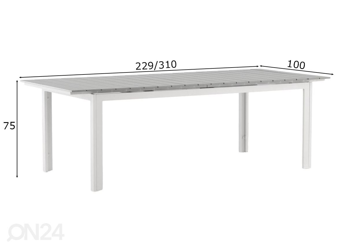 Jatkettava puutarhapöytä Levels 229/310×100 cm kuvasuurennos mitat