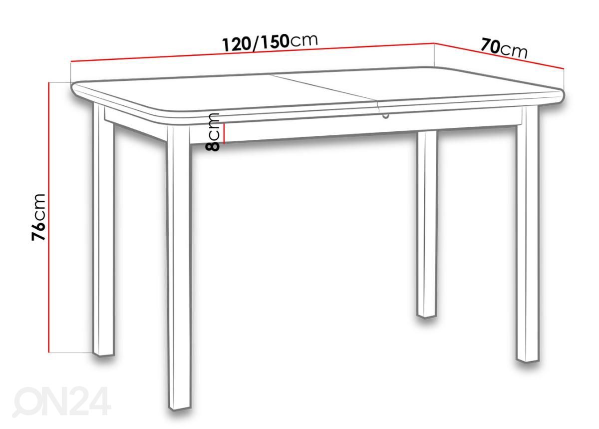 Jatkettava ruokapöytä 120-150x70 cm kuvasuurennos mitat