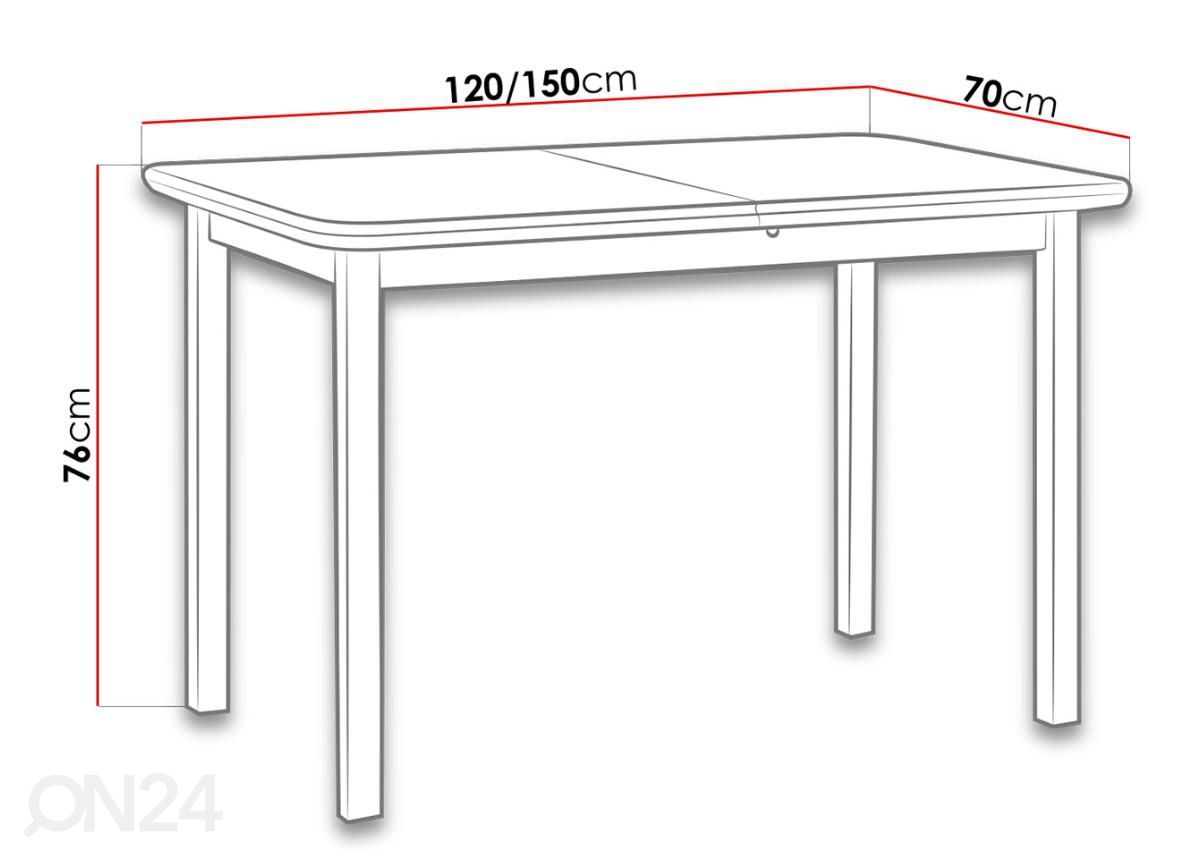 Jatkettava ruokapöytä 120-150x70 cm kuvasuurennos mitat