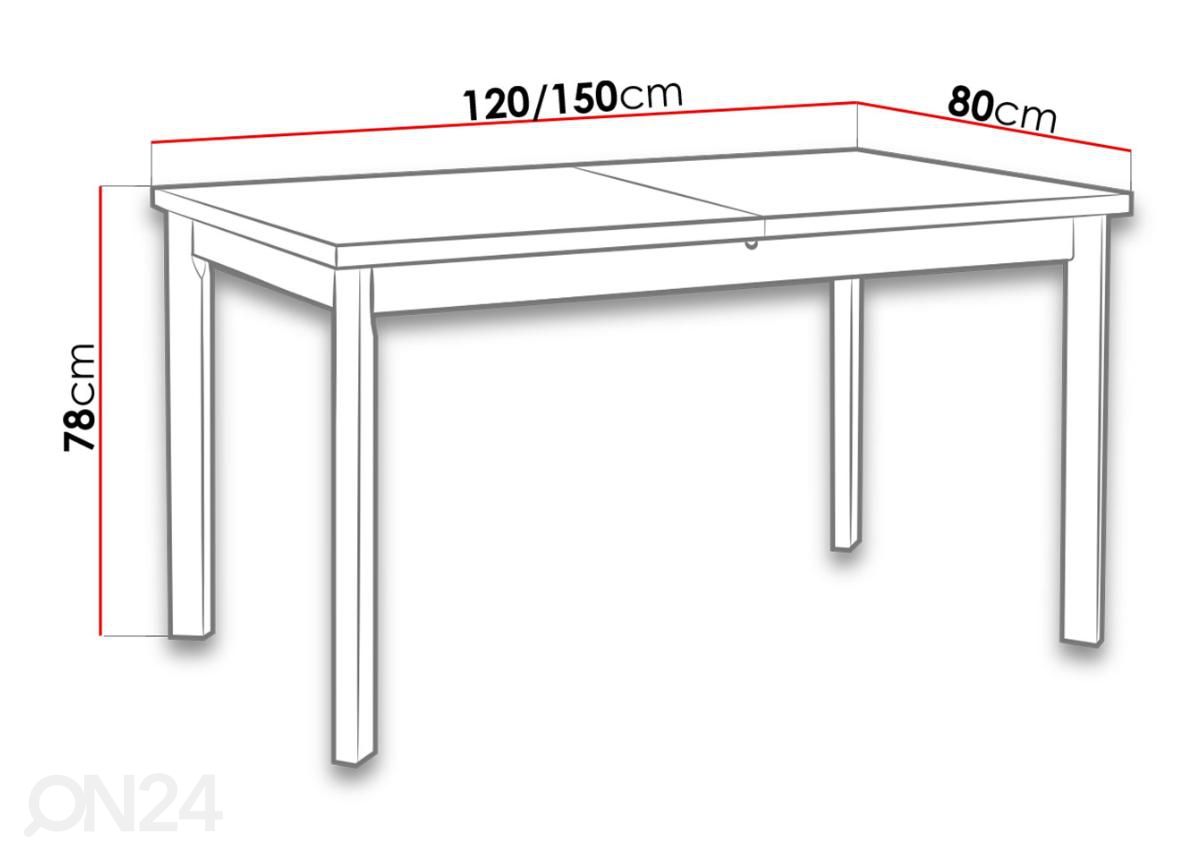 Jatkettava ruokapöytä 120-150x80 cm kuvasuurennos mitat