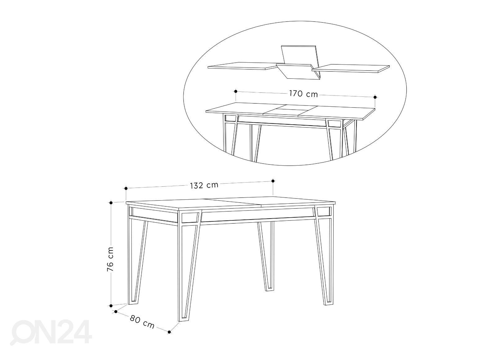 Jatkettava ruokapöytä 132/170x80 cm kuvasuurennos mitat