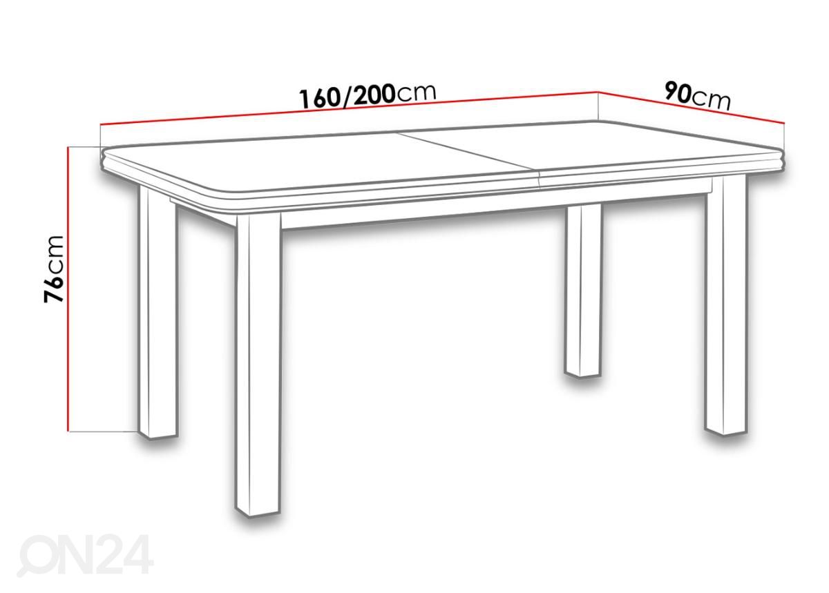 Jatkettava ruokapöytä 160-200x90 cm kuvasuurennos mitat