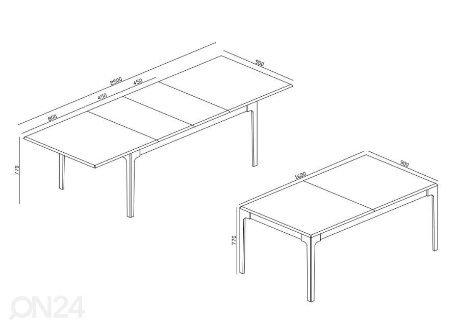 Jatkettava ruokapöytä 160-205-250x90 cm kuvasuurennos mitat