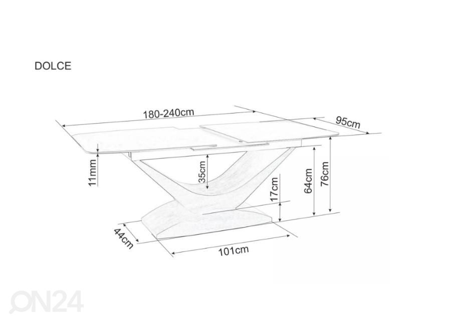 Jatkettava ruokapöytä 180-240x95 cm kuvasuurennos mitat