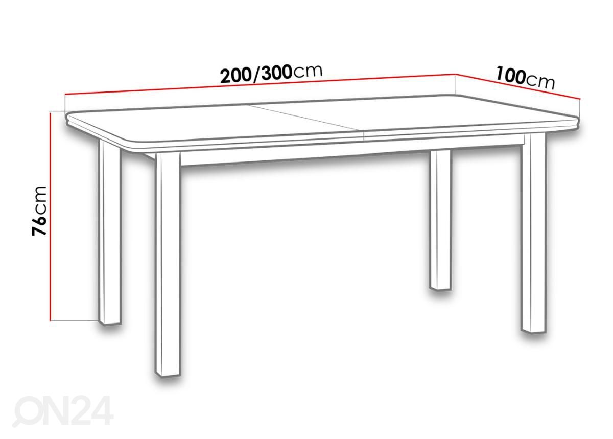 Jatkettava ruokapöytä 200-300x100 cm kuvasuurennos mitat
