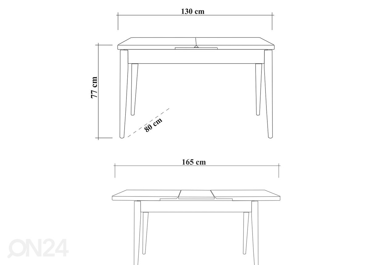 Jatkettava ruokapöytä 80x130-165 cm + 2 tuolia + 2 penkkiä kuvasuurennos mitat