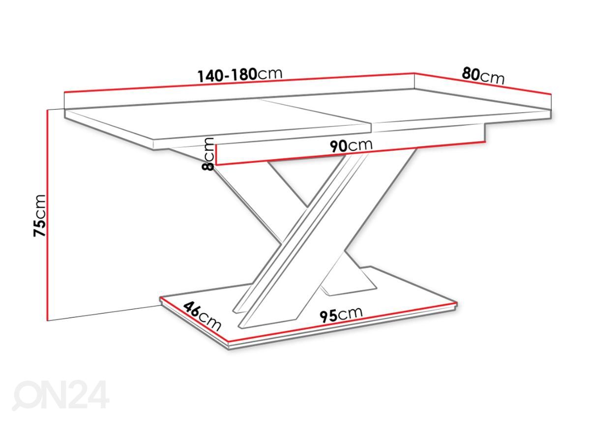 Jatkettava ruokapöytä 80x140-180 cm kuvasuurennos mitat