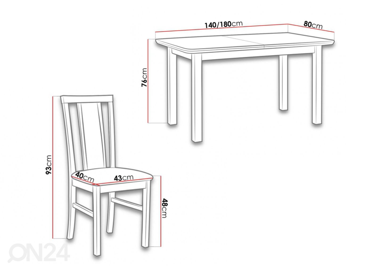 Jatkettava ruokapöytä 80x140-180 cm + 6 tuolia kuvasuurennos mitat