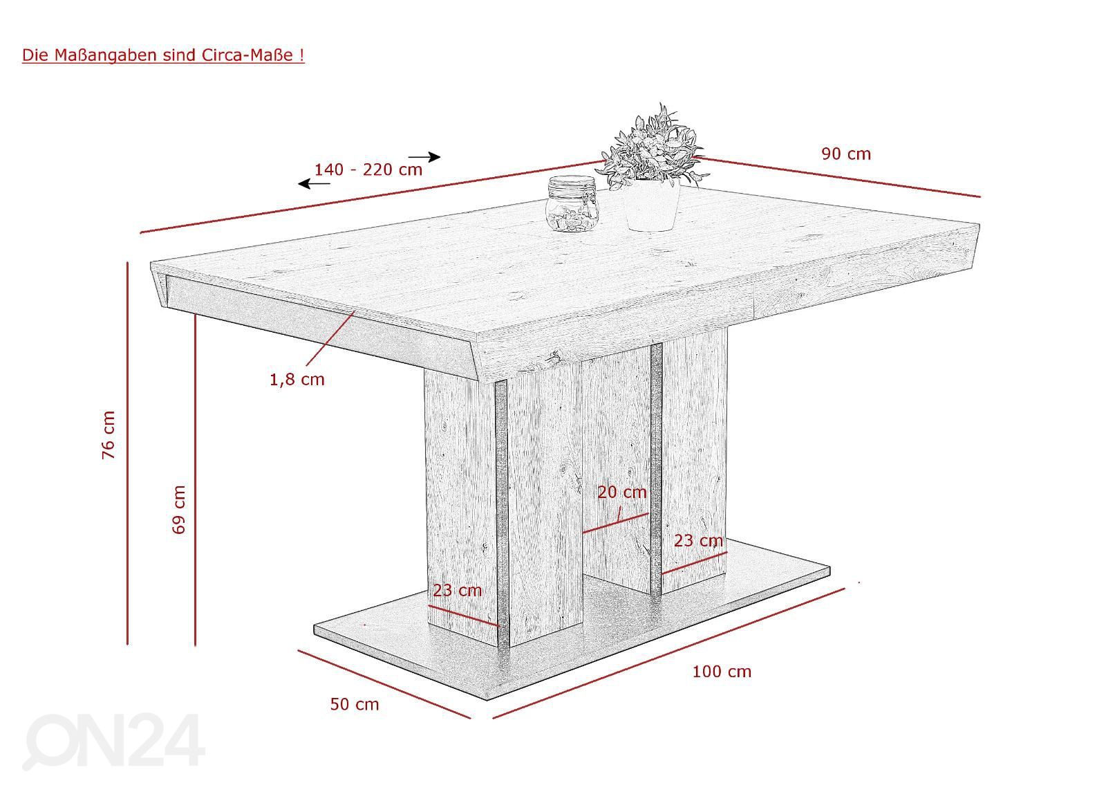 Jatkettava ruokapöytä Agnes 90x140-220 cm kuvasuurennos mitat