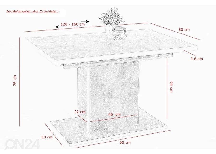 Jatkettava ruokapöytä Alice 80x120-160 cm kuvasuurennos mitat