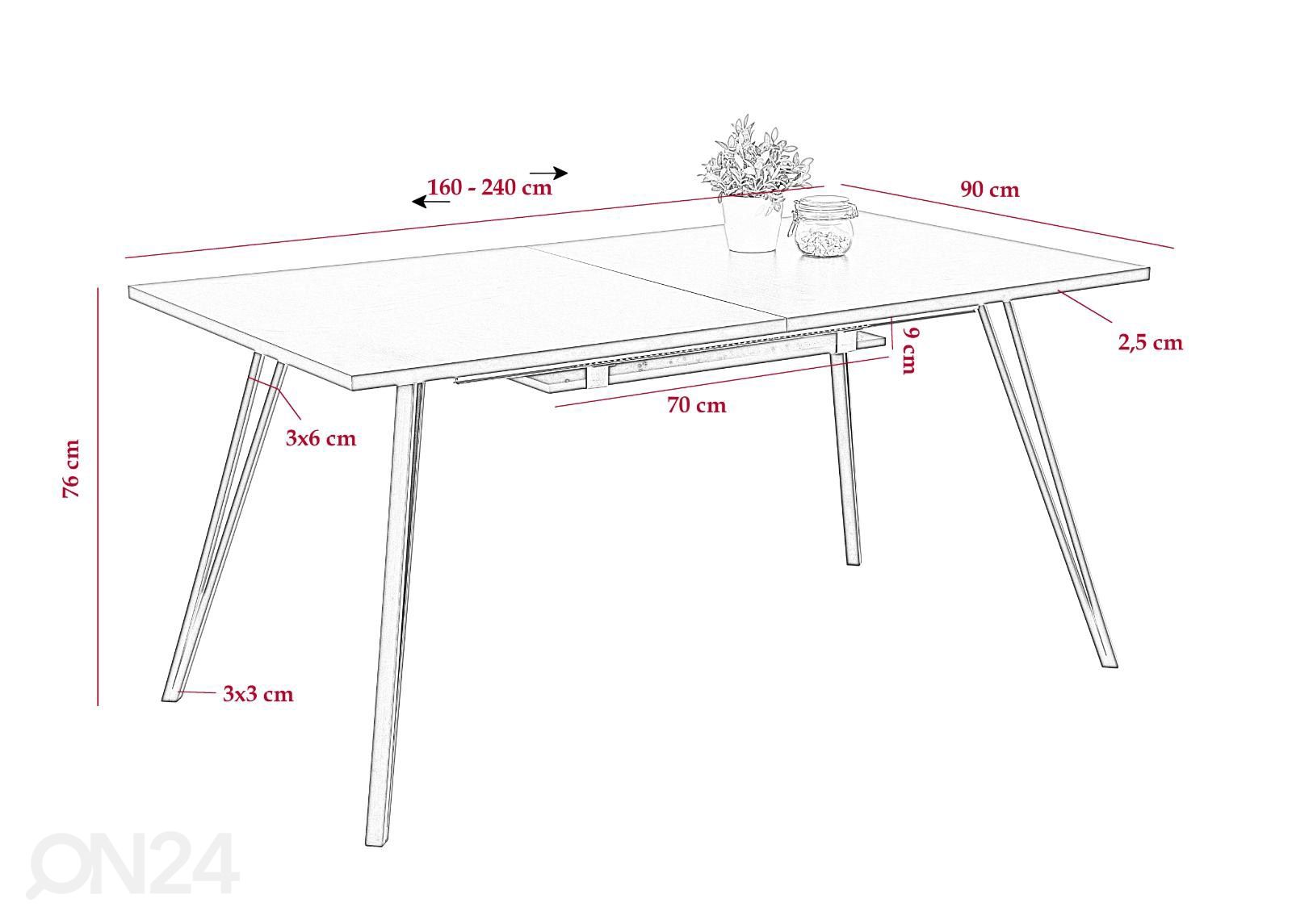 Jatkettava ruokapöytä Alisa T 160/240x90 cm kuvasuurennos mitat