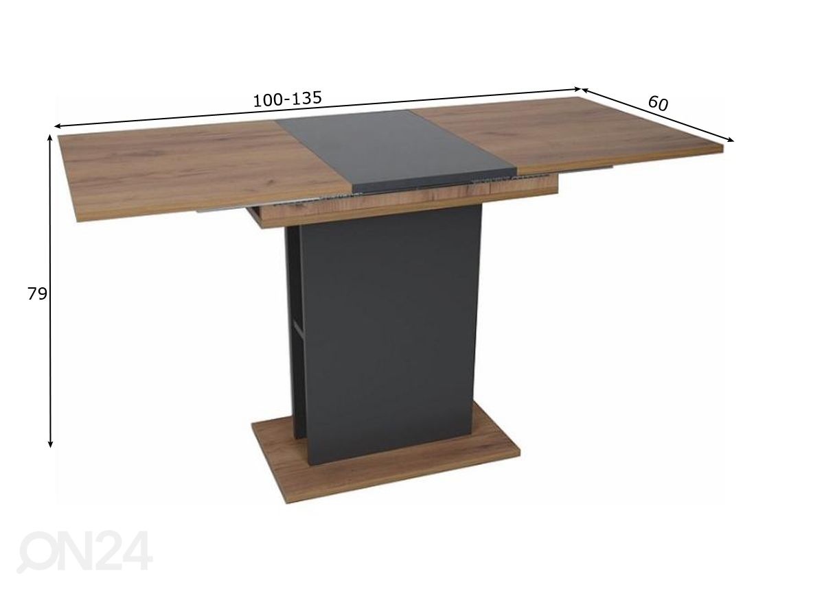 Jatkettava ruokapöytä Campa 100-135x60 cm kuvasuurennos mitat