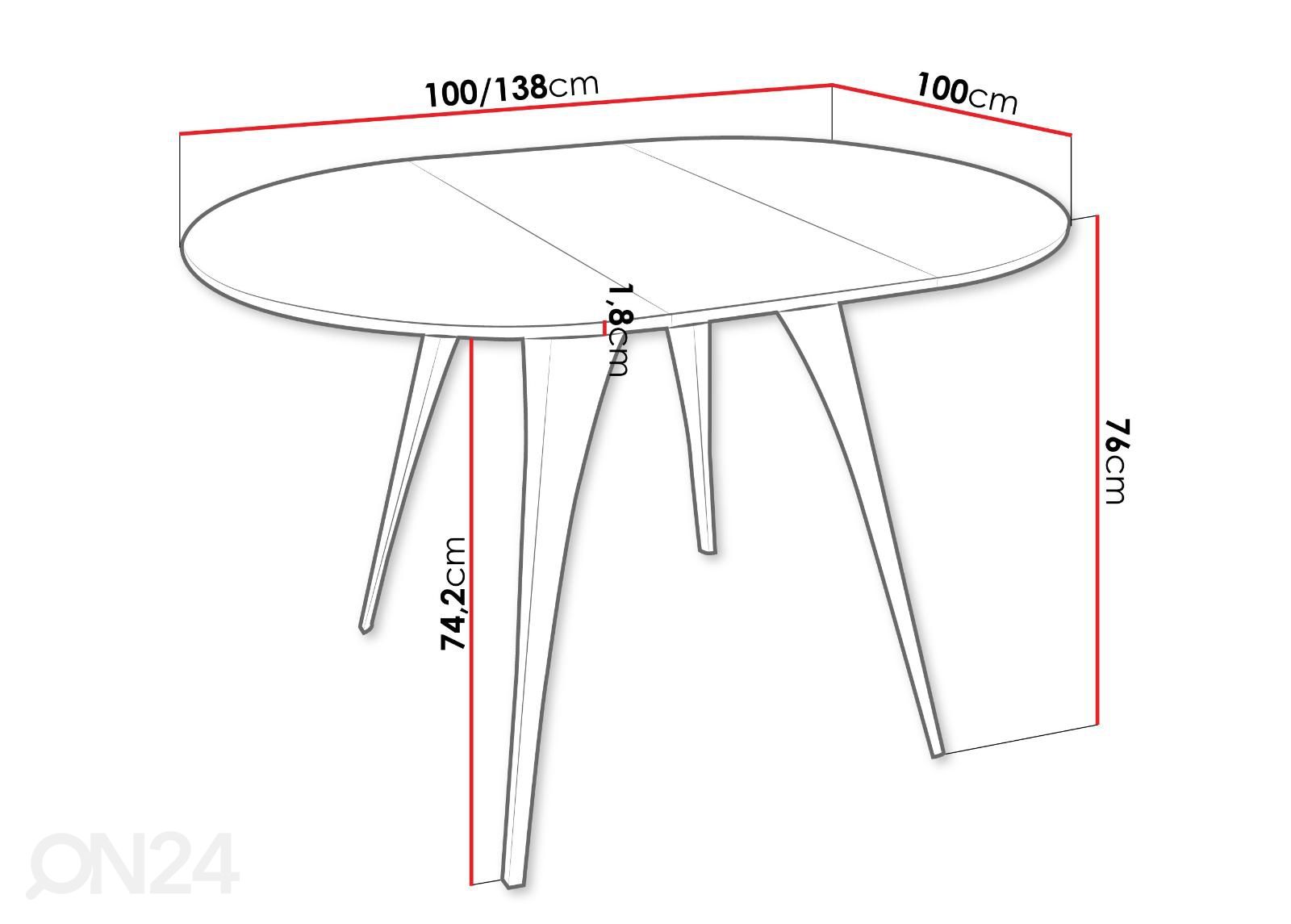 Jatkettava ruokapöytä Carmen 100x100-138 cm kuvasuurennos mitat