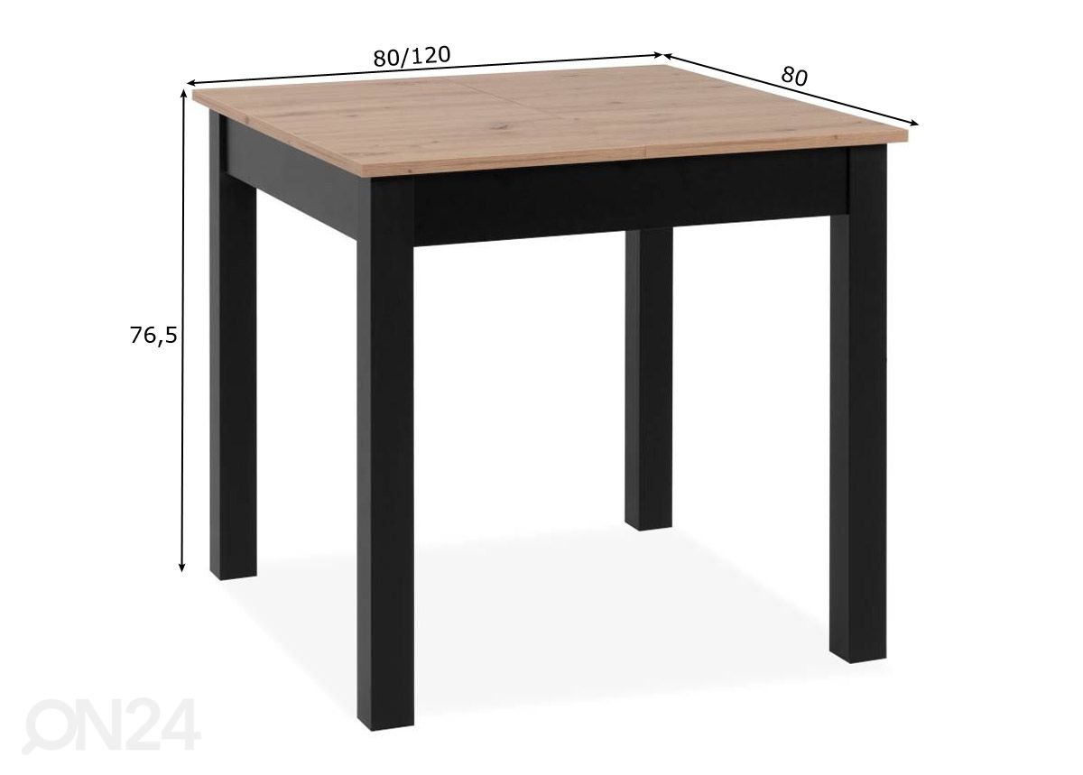 Jatkettava ruokapöytä Coburg 80/120x80 cm kuvasuurennos mitat