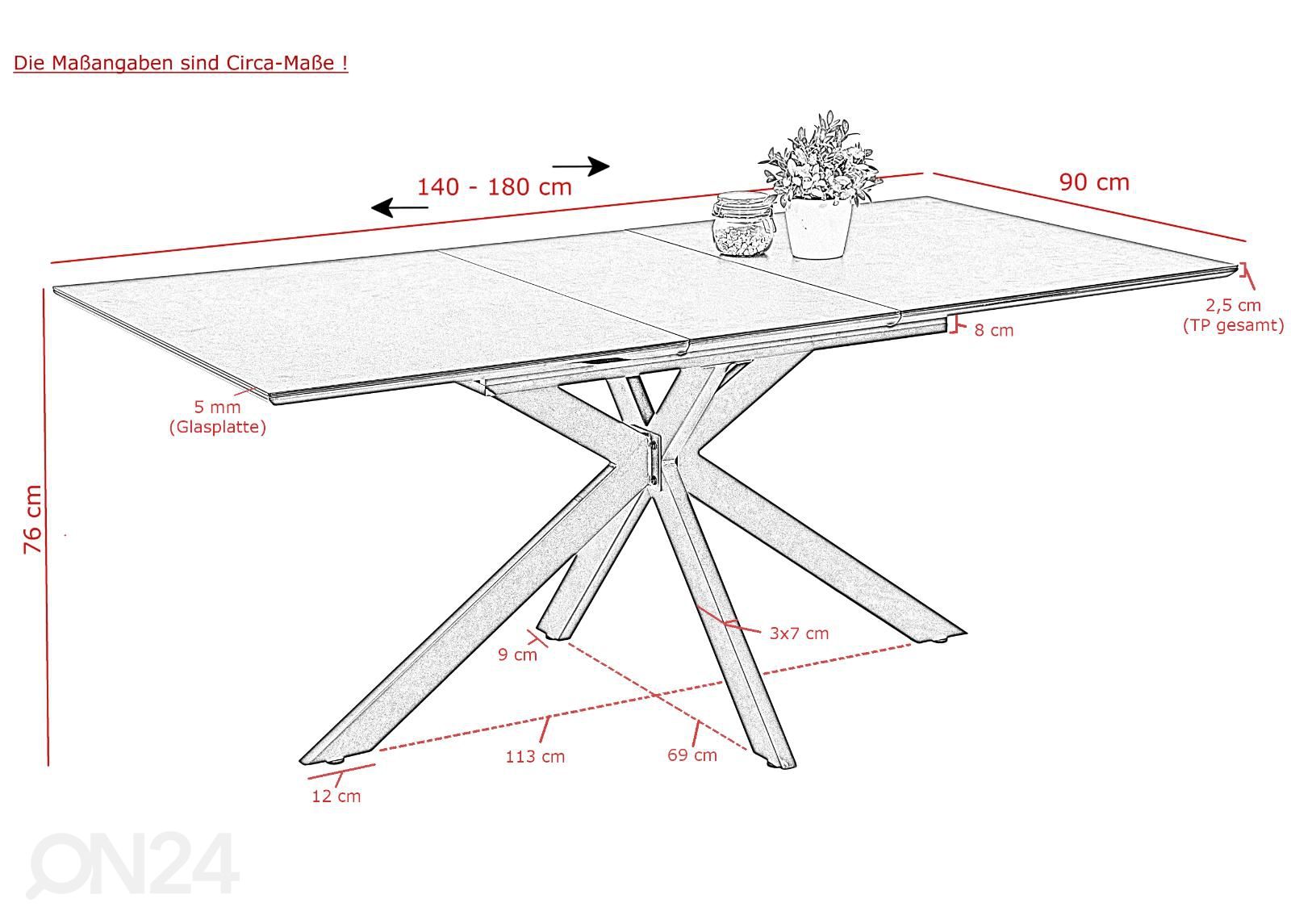 Jatkettava ruokapöytä Fenja II 90x140-180 cm kuvasuurennos mitat