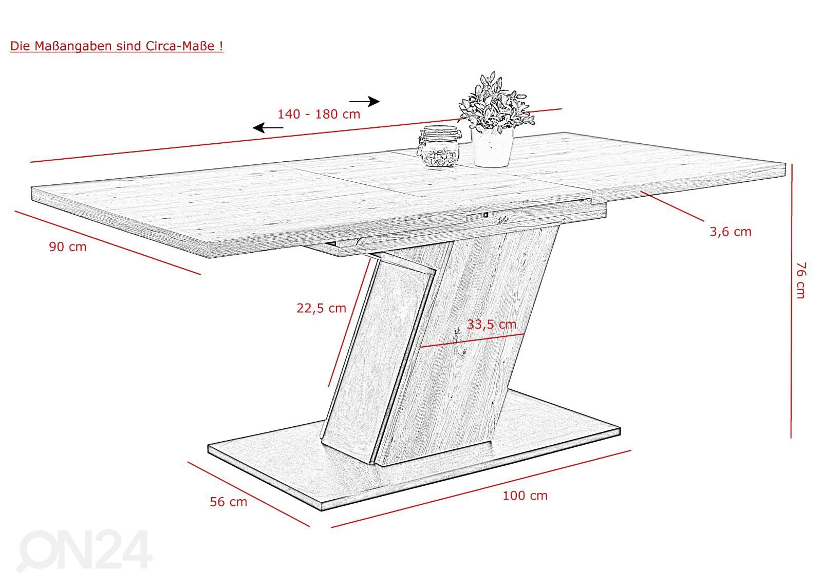 Jatkettava ruokapöytä Jeanette 90x140-180 cm kuvasuurennos mitat
